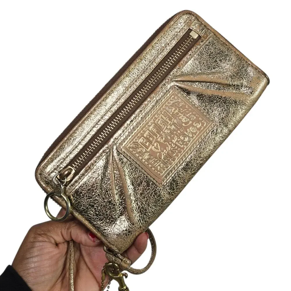 Coach Poppy Wallet Wristlet Gold Champagne Crinkle Leather Metallic Branded Zip